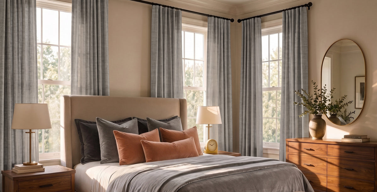 Soft light gray textured curtains frame the windows in this serene bedroom, adding subtle texture and a calming neutral tone. Paired with warm wood furniture, soft beige upholstery, and blush accent pillows, the curtains create a bright, cozy, and sophisticated retreat.