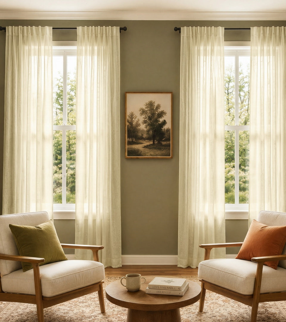 Airy cream linen curtains softly filter the sunlight, creating a warm, relaxed, and naturally elegant sitting space.