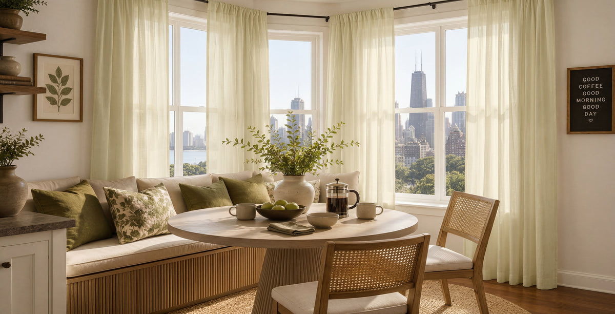 Light filtering  cream curtains in dining nook overlooking city skyline with round table and  greenery.
