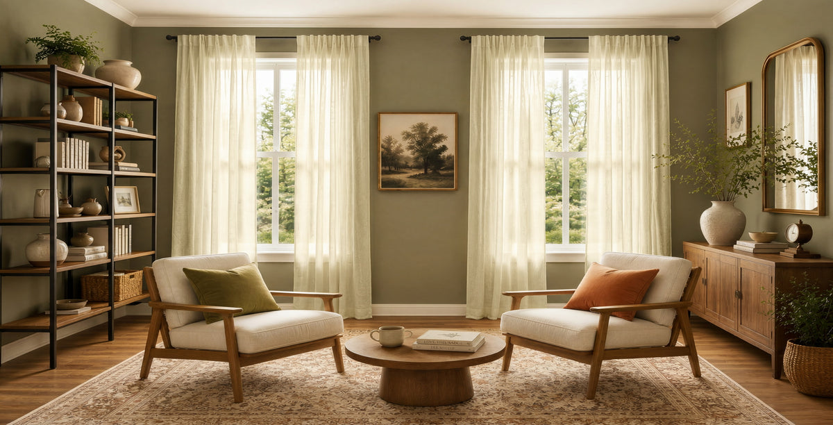 Light filtering  cream curtains in dining nook overlooking city skyline with round table and  greenery.