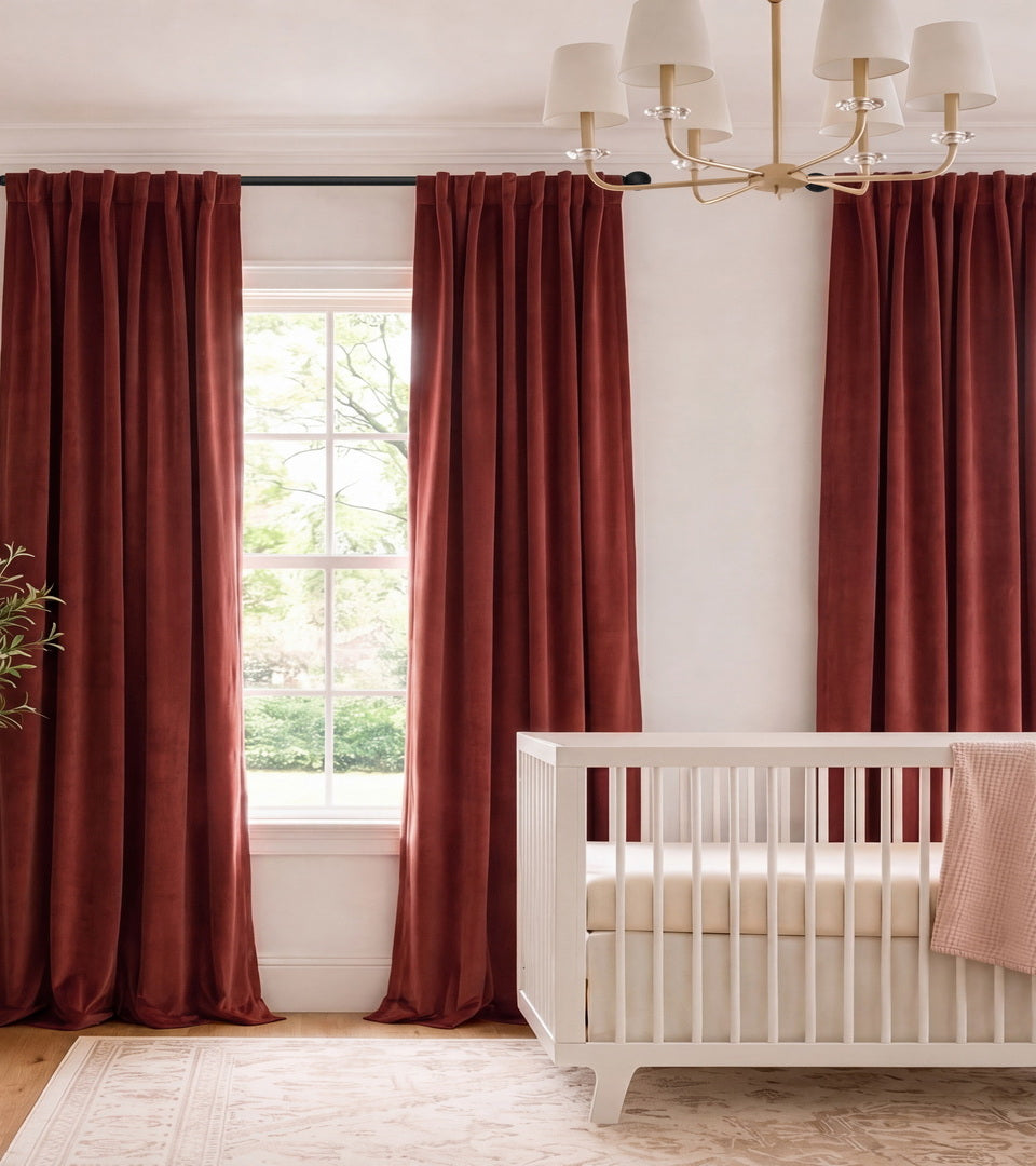Rich crimson velvet curtains bring cozy color and luxurious softness to a warm, sophisticated nursery.