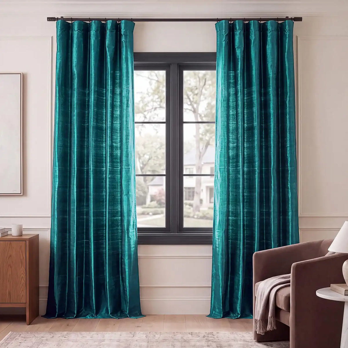 Empress Teal Textured Dupioni Silk Room Darkening Curtain