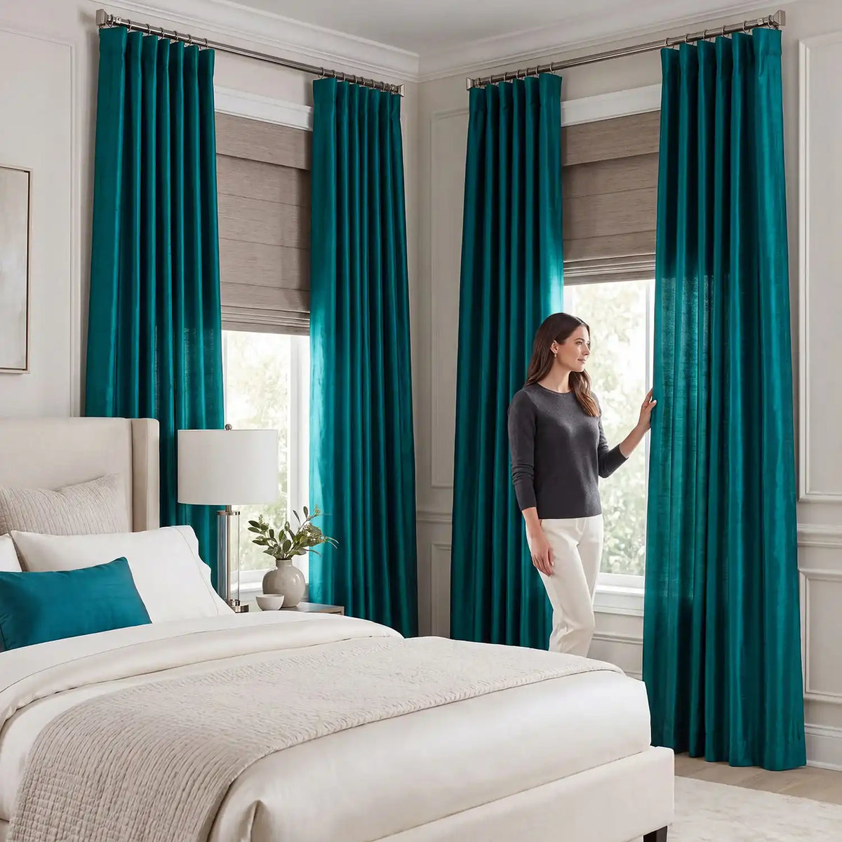 Empress Teal Textured Dupioni Silk Room Darkening Curtain
