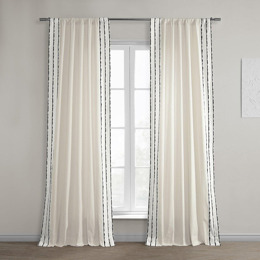 Sharkskin Black Striped Bordered Cotton Curtain - HalfPriceDrapes.com