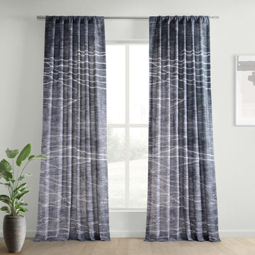 Coal Black Abstract Textured Printed Cotton Curtain