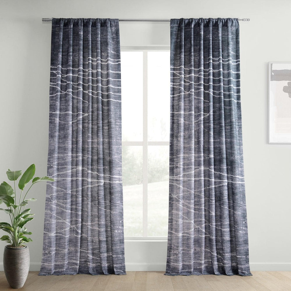 Coal Black Textured Printed Cotton Room Darkening Curtain - HalfPriceDrapes.com