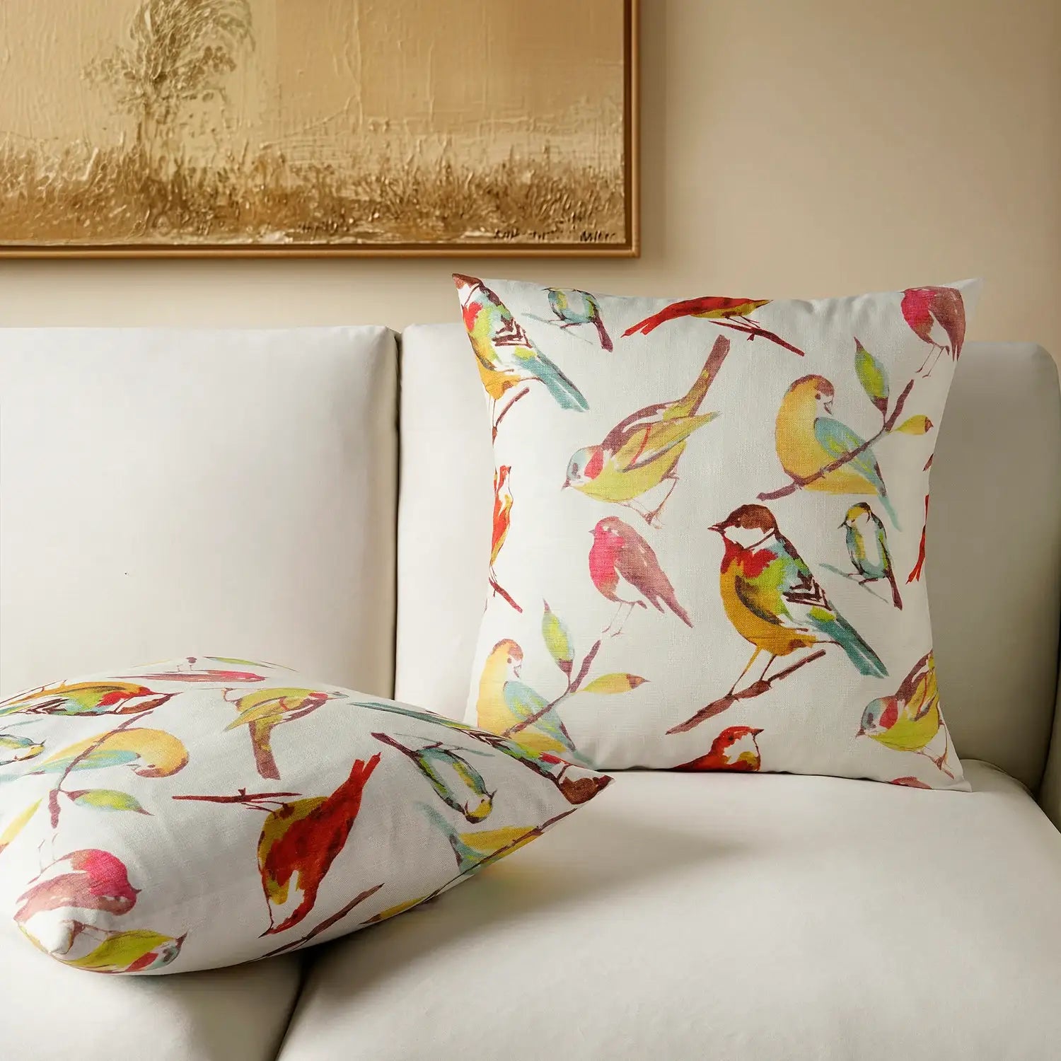 Songbird Multicolor Emblem Textured Printed Cotton Cushion Covers - Pair