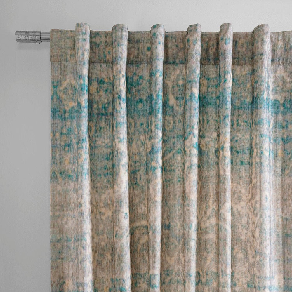 River Teal Blue Textured Printed Cotton Room Darkening Curtain - HalfPriceDrapes.com