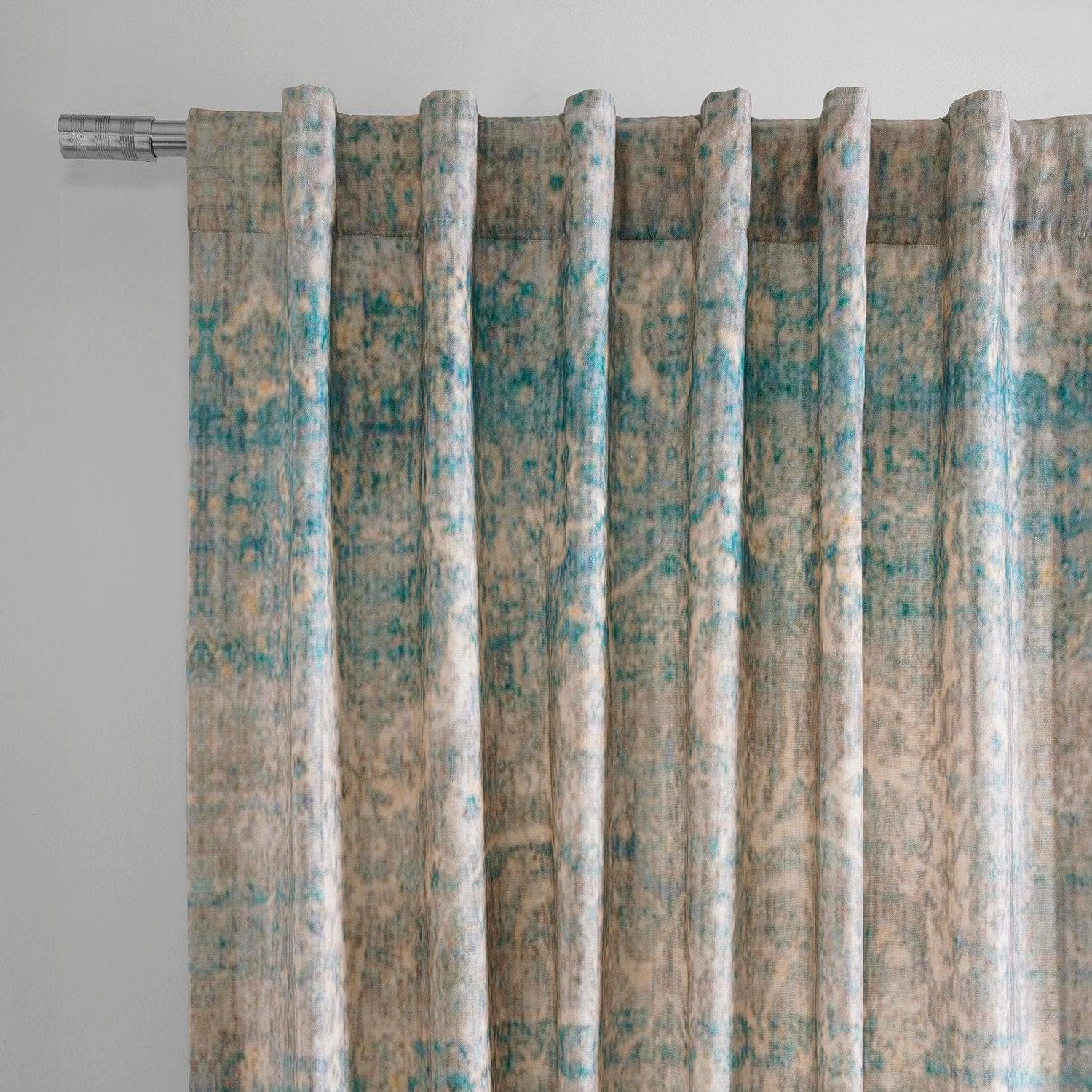 River Teal Blue Textured Printed Cotton Room Darkening Curtain - HalfPriceDrapes.com