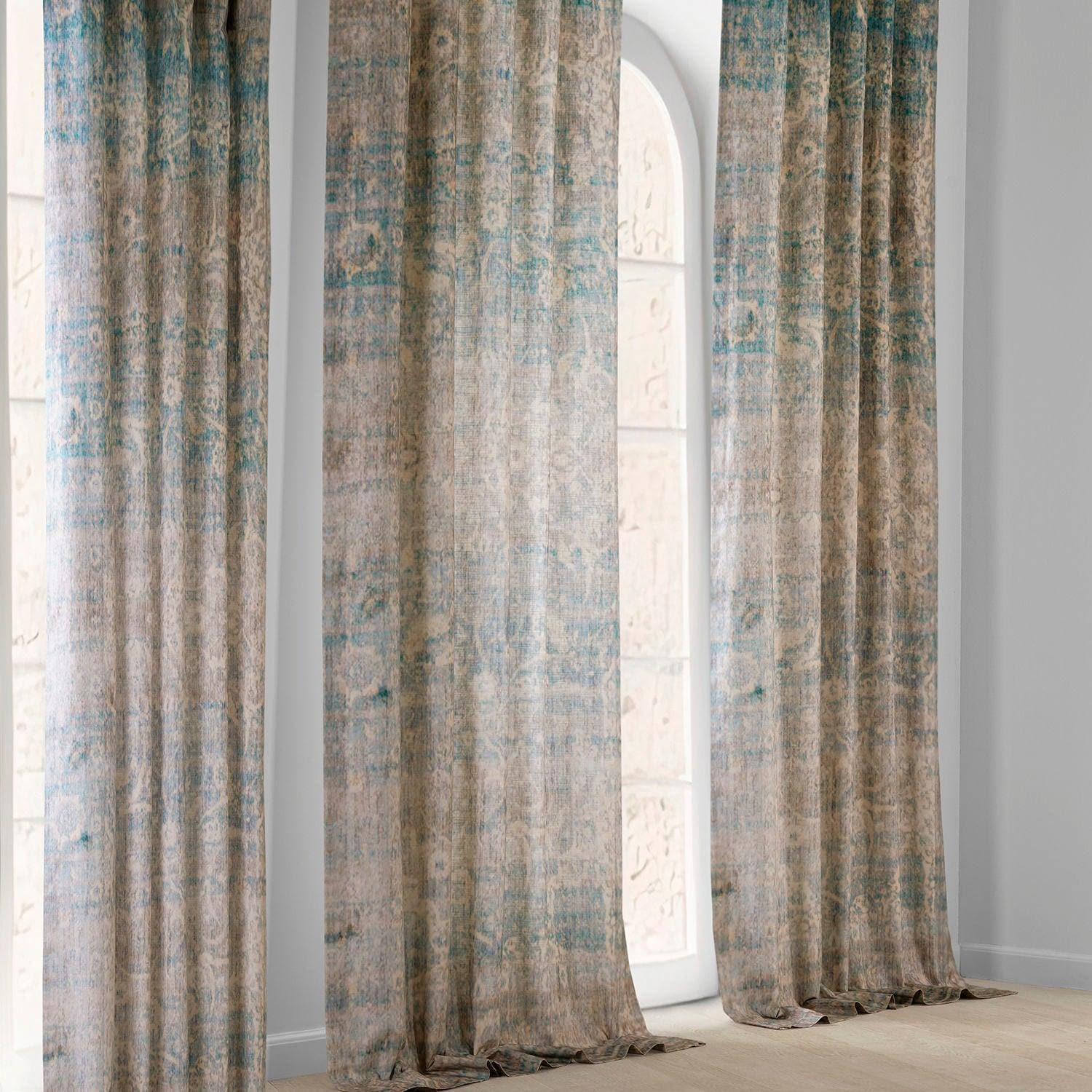 River Teal Blue Textured Printed Cotton Room Darkening Curtain - HalfPriceDrapes.com