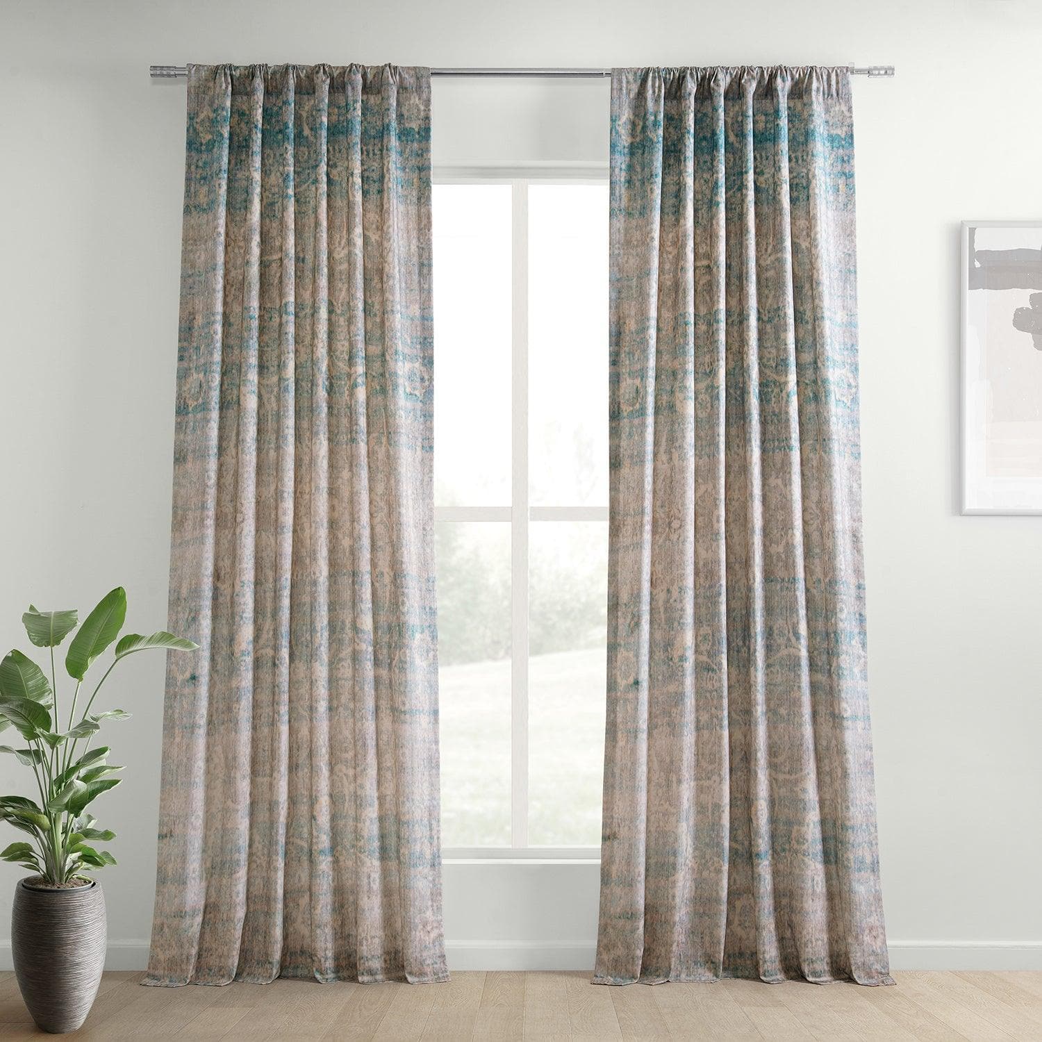 River Teal Blue Textured Printed Cotton Room Darkening Curtain - HalfPriceDrapes.com