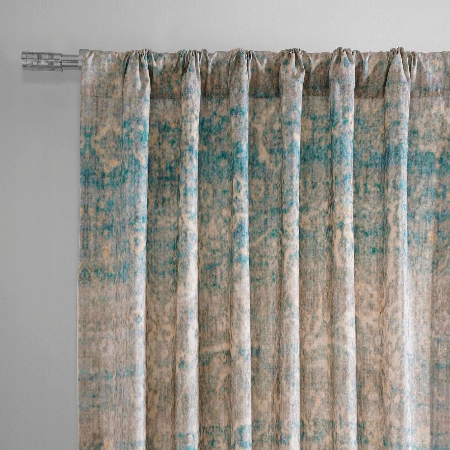River Teal Blue Textured Printed Cotton Room Darkening Curtain - HalfPriceDrapes.com
