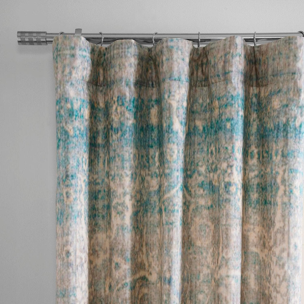 River Teal Blue Textured Printed Cotton Room Darkening Curtain - HalfPriceDrapes.com