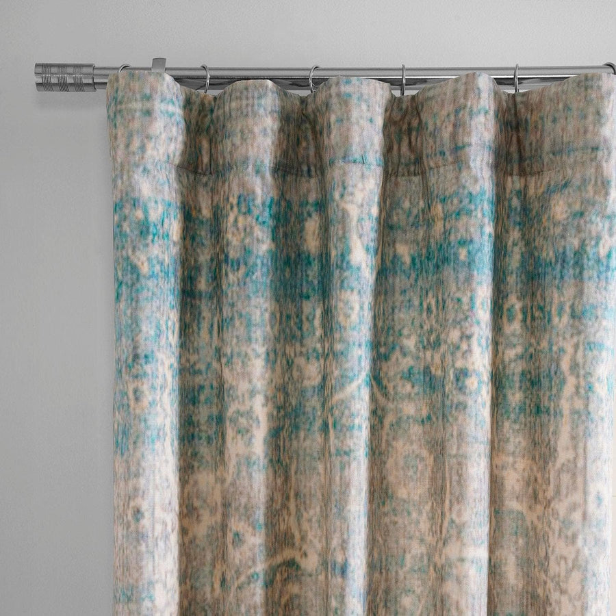 River Teal Blue Textured Printed Cotton Room Darkening Curtain - HalfPriceDrapes.com
