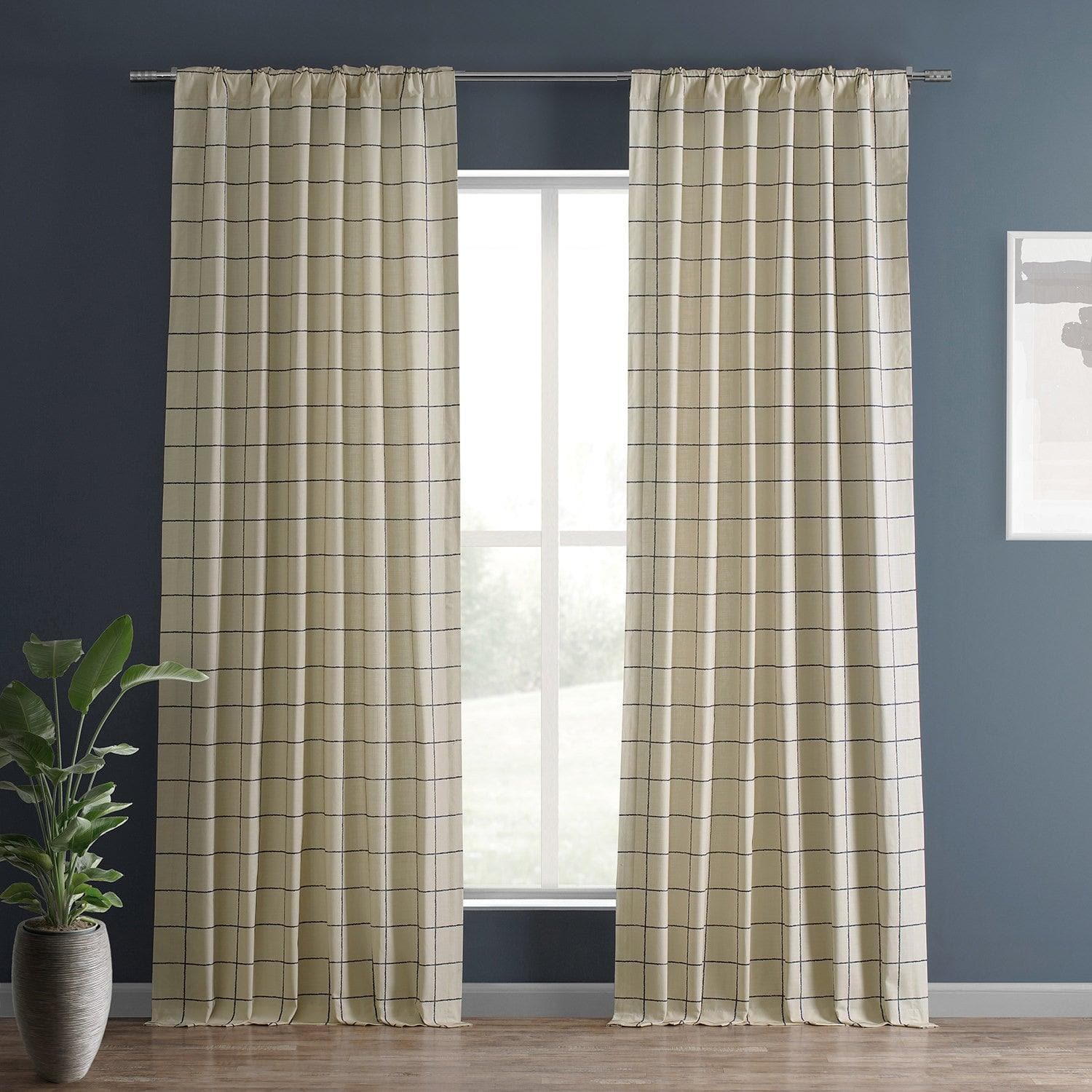 Window Pane Blue Textured Printed Cotton Room Darkening Curtain - HalfPriceDrapes.com