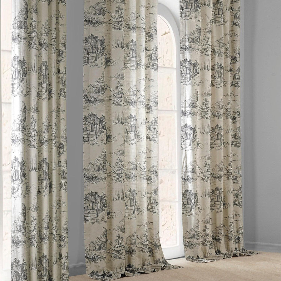 Picnic Toile Black Textured Printed Cotton Room Darkening Curtain - HalfPriceDrapes.com