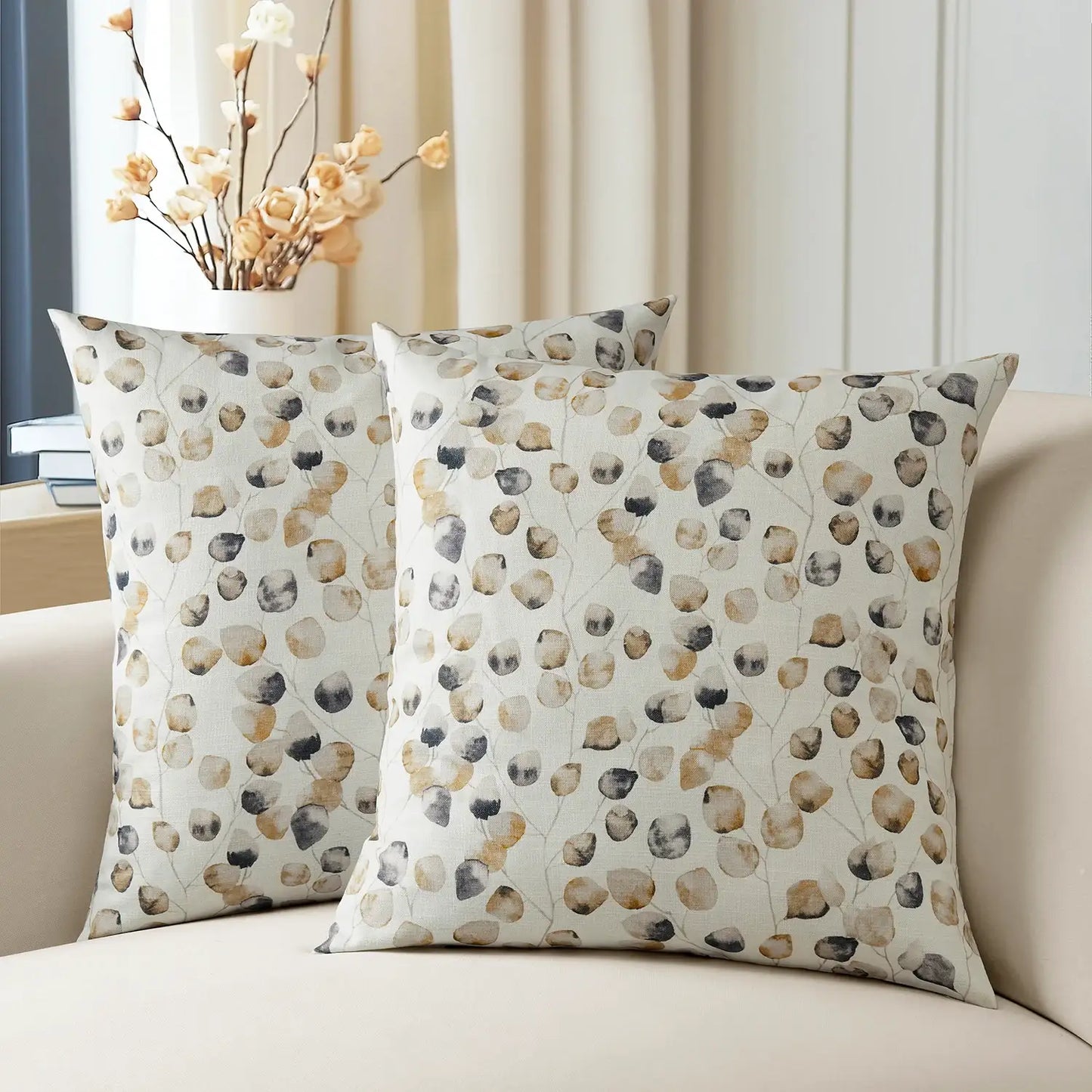 Autumn Leaves Brown Floral Textured Printed Cotton Cushion Covers - Pair