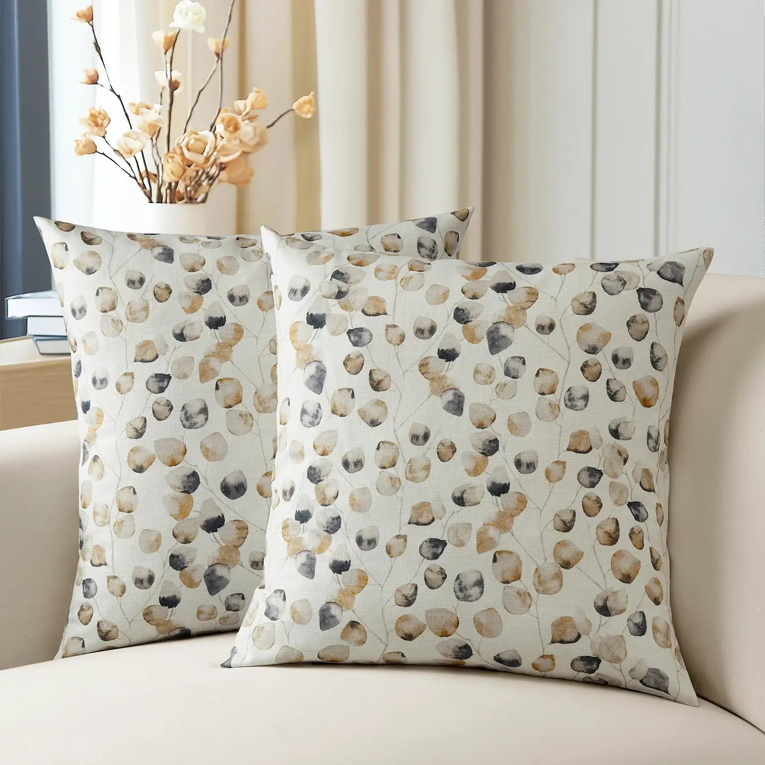 Autumn Leaves Brown Floral Textured Printed Cotton Cushion Covers - Pair