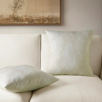 Leaflet White Floral Textured Printed Cotton Cushion Covers - Pair