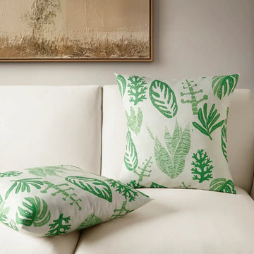 Palm Beach Green Floral Textured Printed Cotton Cushion Covers - Pair