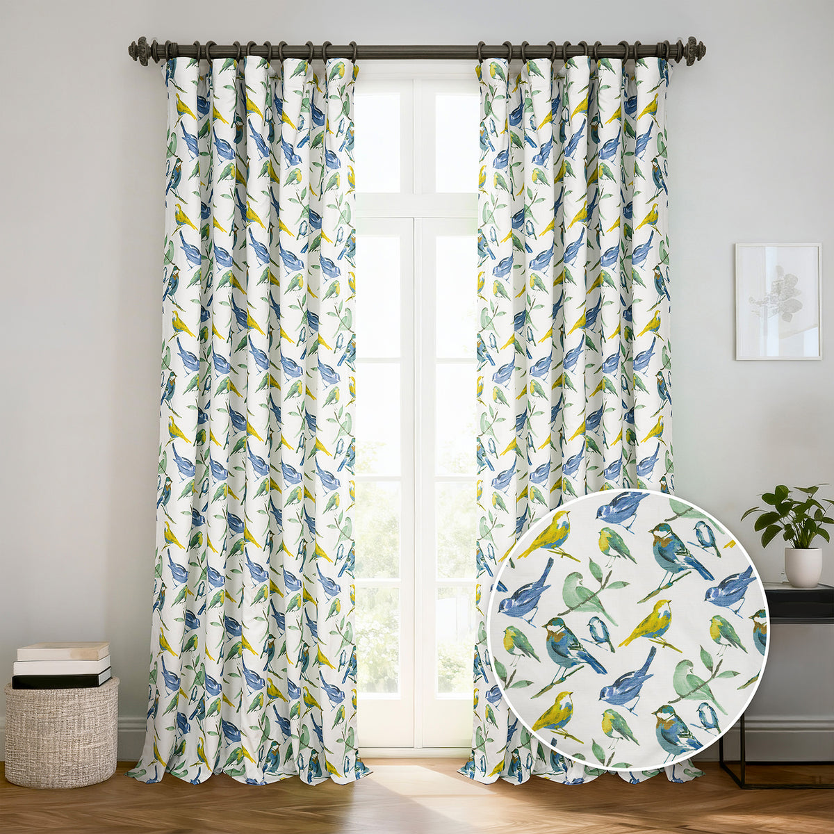 Songbird Blue Floral Dune Cotton Textured Printed Room Darkening Curtain