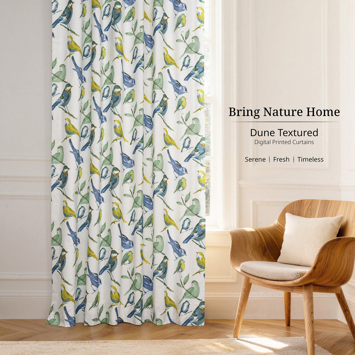 Songbird Blue Floral Floral Dune Cotton Textured Printed Room Darkening Curtain