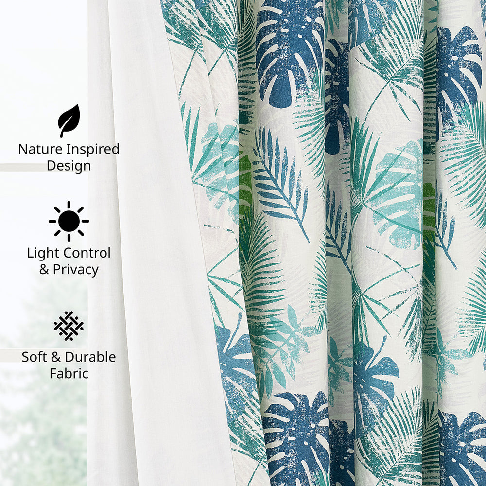 Palm Cove Blue Green Floral Floral Dune Cotton Textured Printed Room Darkening Curtain