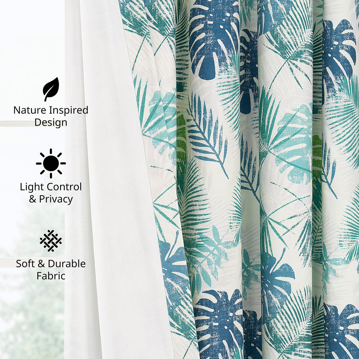 Palm Cove Blue Green Floral Floral Dune Cotton Textured Printed Room Darkening Curtain