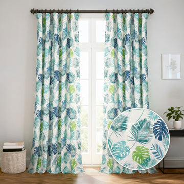 Palm Cove Blue Green Floral Dune Cotton Textured Printed Room Darkening Curtain