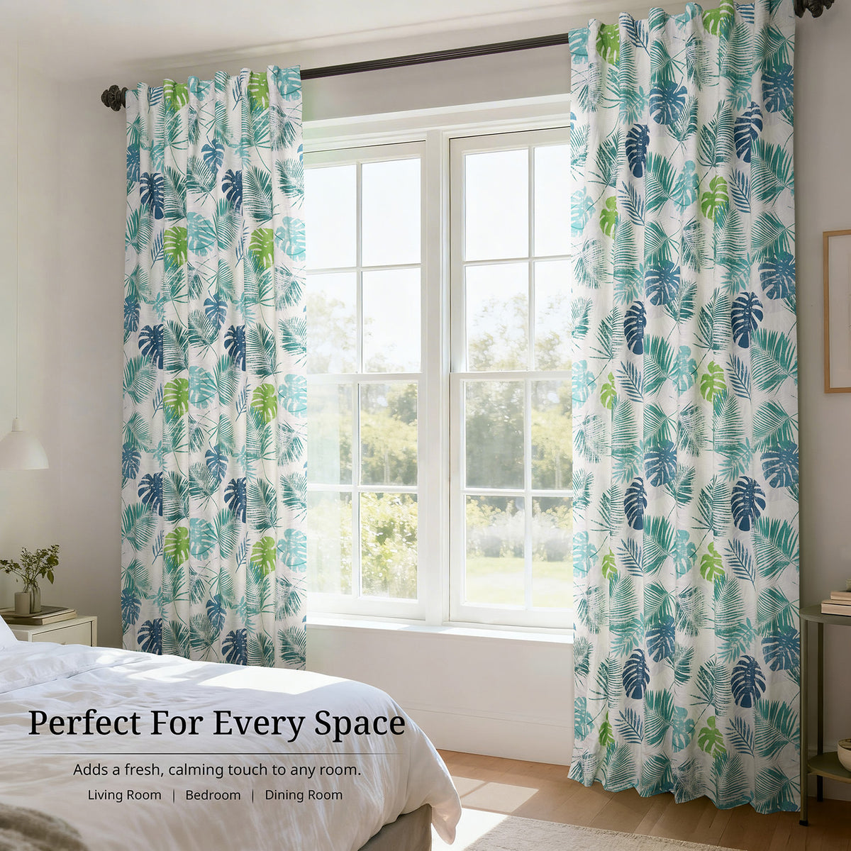 Palm Cove Blue Green Floral Floral Dune Cotton Textured Printed Room Darkening Curtain