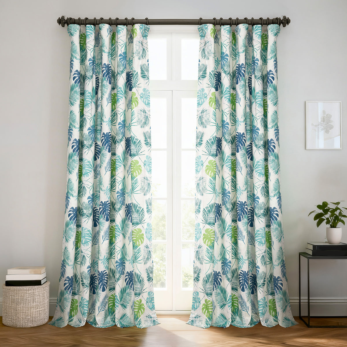 Palm Cove Blue Green Floral Floral Dune Cotton Textured Printed Room Darkening Curtain