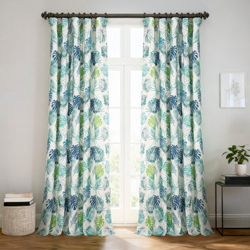 Palm Cove Blue Green Floral Floral Dune Cotton Textured Printed Room Darkening Curtain