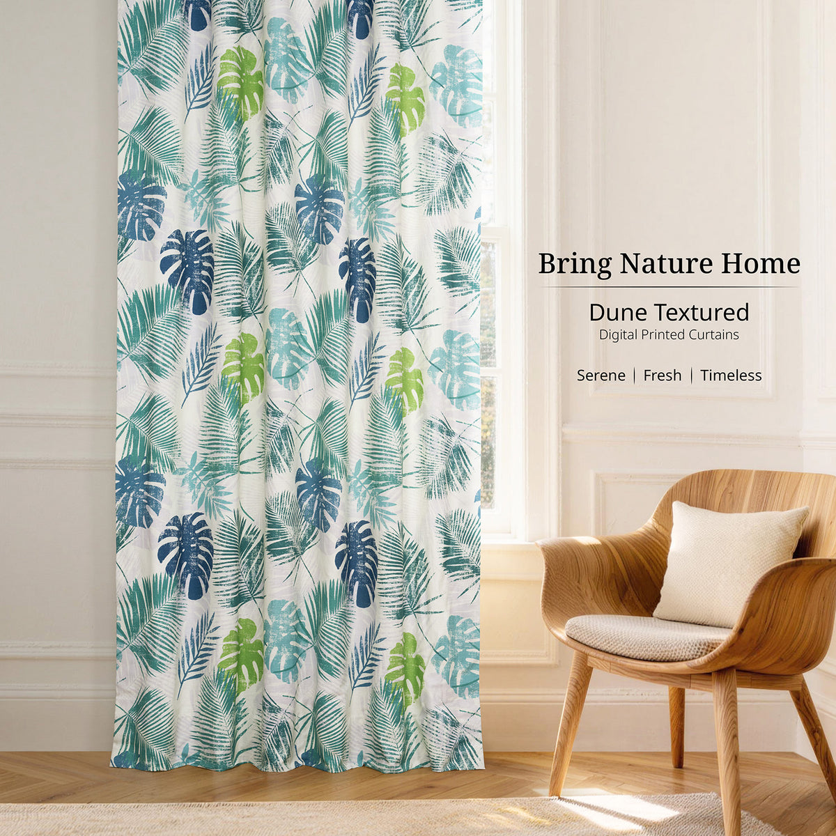 Palm Cove Blue Green Floral Floral Dune Cotton Textured Printed Room Darkening Curtain