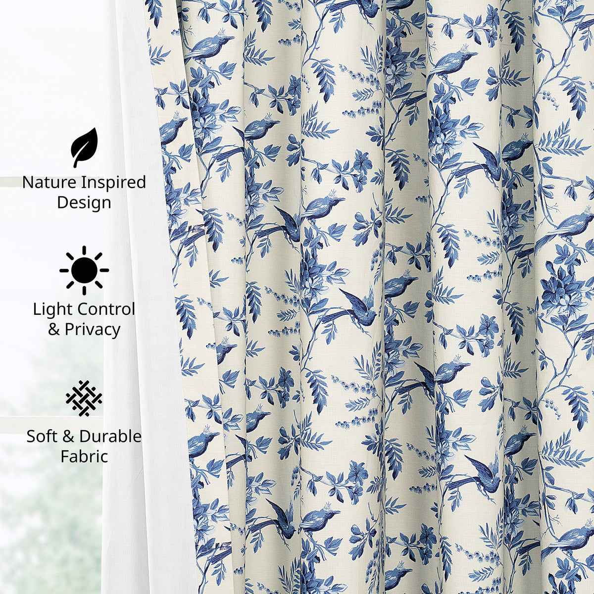 Blue Willow Arbor Floral Floral Dune Cotton Textured Printed Room Darkening Curtain