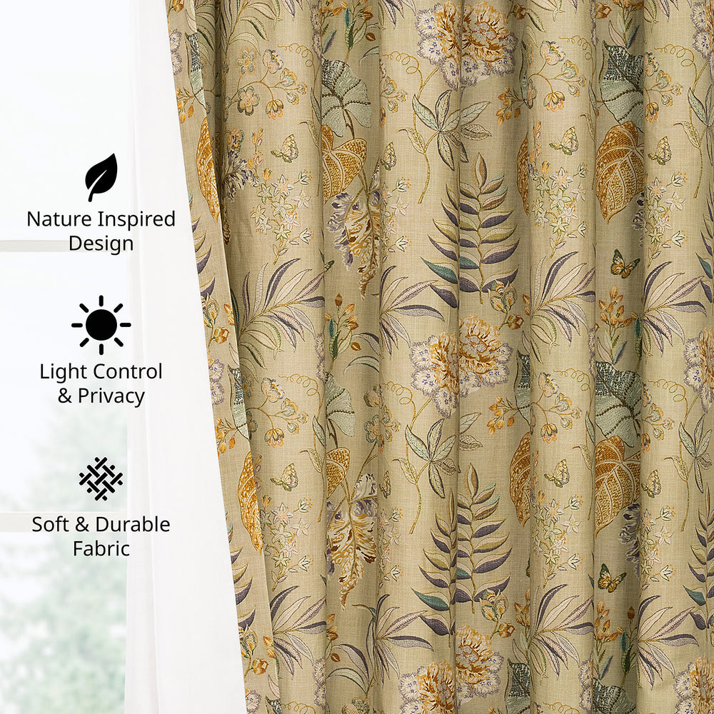 Vintage Botanical Sand Floral Dune Cotton Textured Printed Room Darkening Curtain