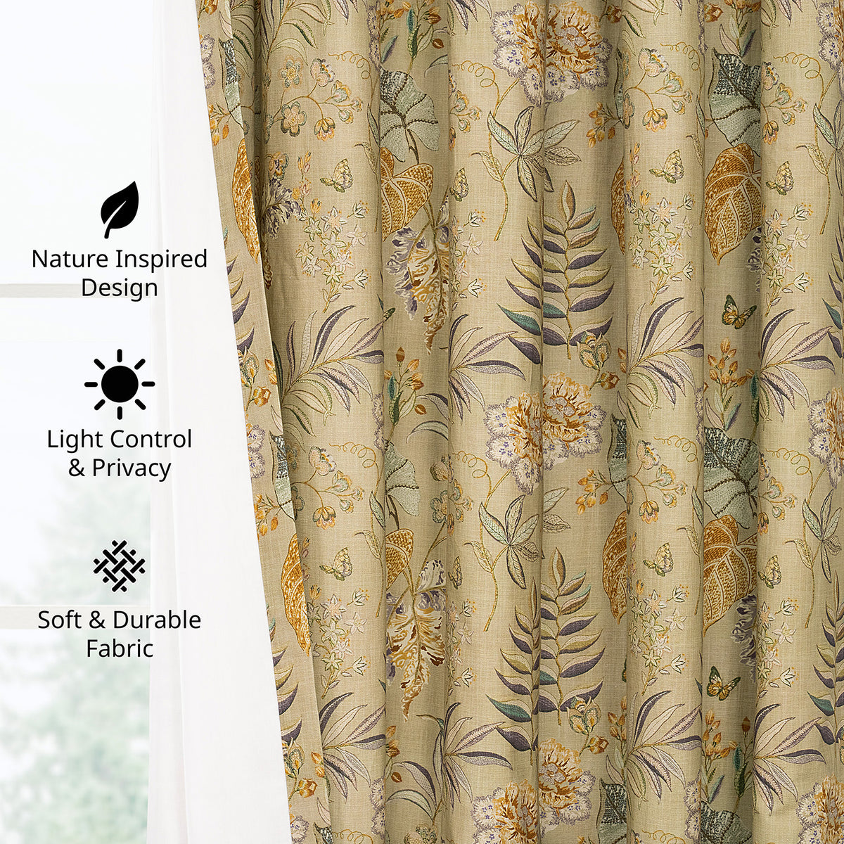 Vintage Botanical Sand Floral Dune Cotton Textured Printed Room Darkening Curtain
