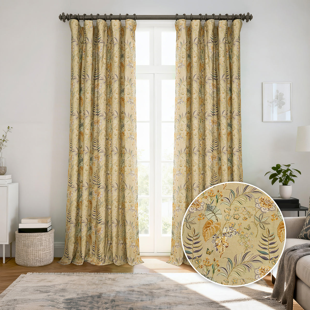 Vintage Botanical Sand Floral Dune Cotton Textured Printed Room Darkening Curtain