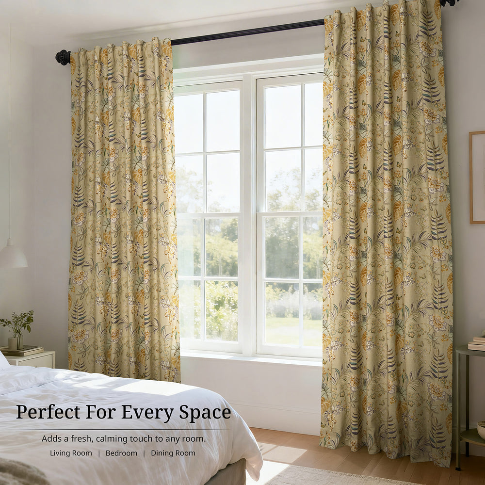 Vintage Botanical Sand Floral Dune Cotton Textured Printed Room Darkening Curtain