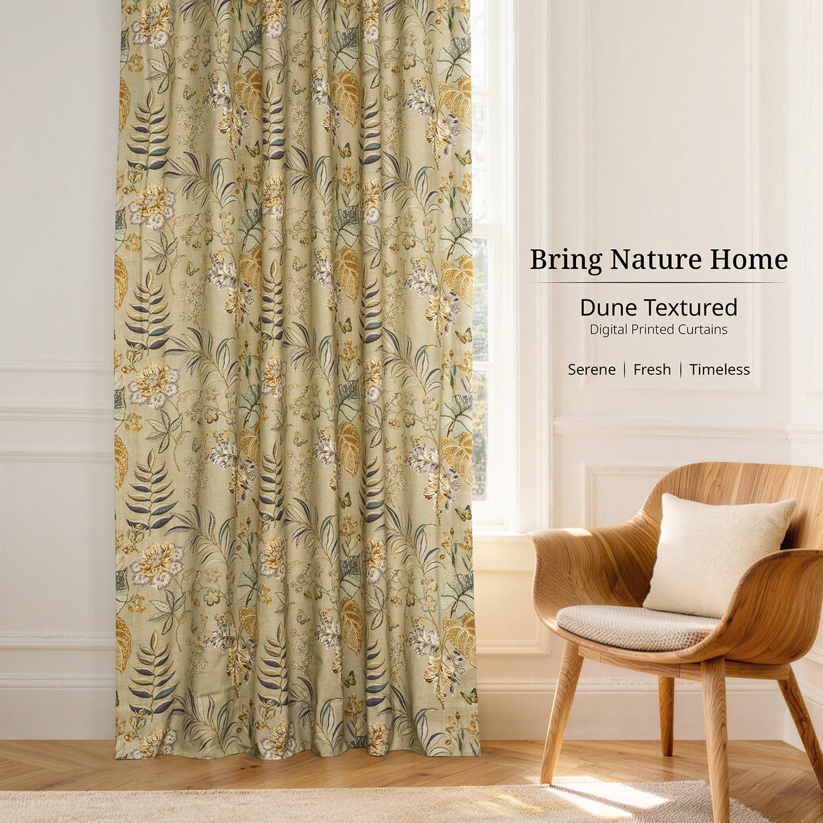 Vintage Botanical Sand Floral Dune Cotton Textured Printed Room Darkening Curtain
