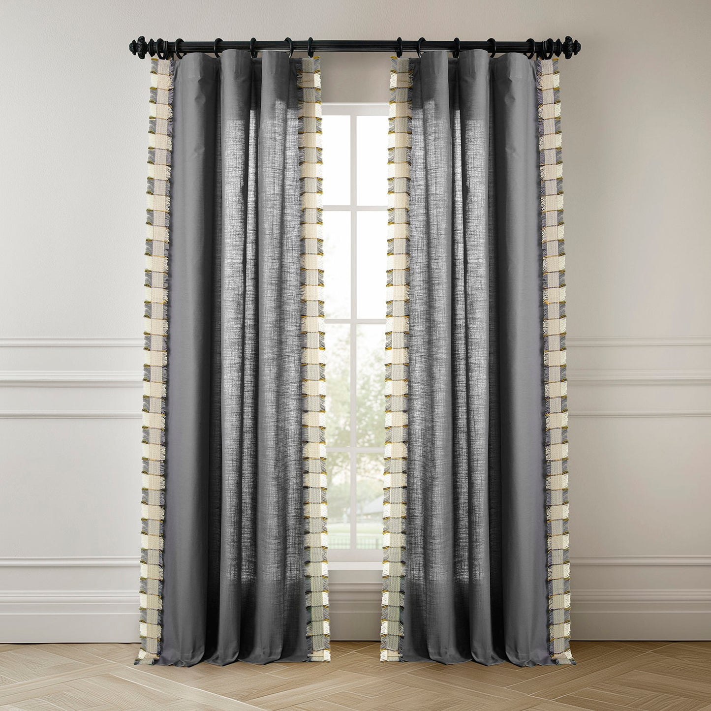 Dixy Grey Bordered Modern Hampton Textured Cotton Light Filtering Curtain