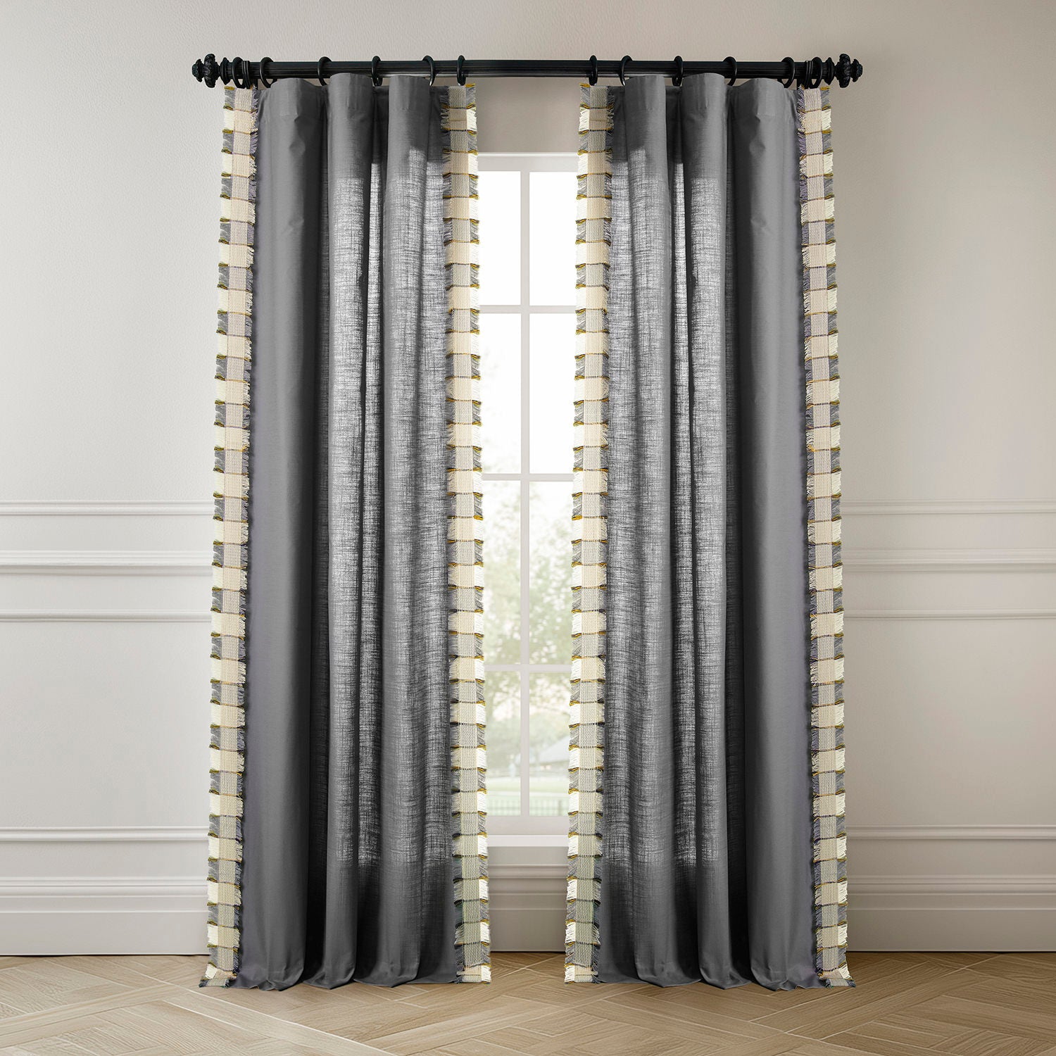 Dixy Grey Bordered Modern Hampton Textured Cotton Light Filtering Curtain