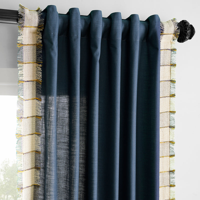 Dixy Blue Bordered Modern Hampton Textured Cotton Light Filtering Curtain