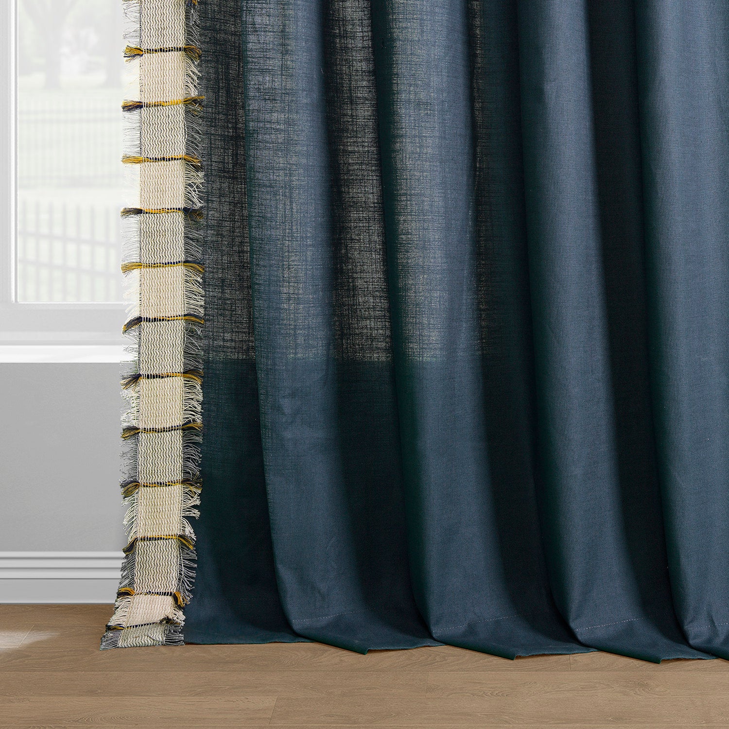 Dixy Blue Bordered Modern Hampton Textured Cotton Light Filtering Curtain