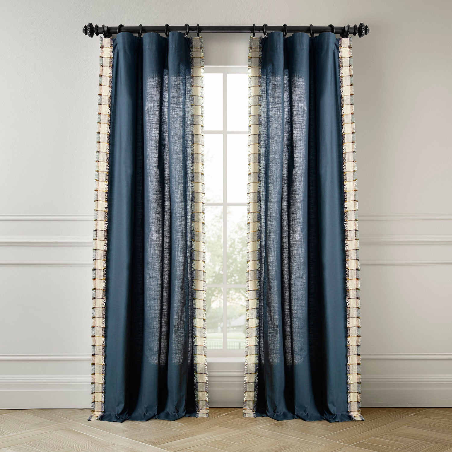 Dixy Blue Bordered Modern Hampton Textured Cotton Light Filtering Curtain