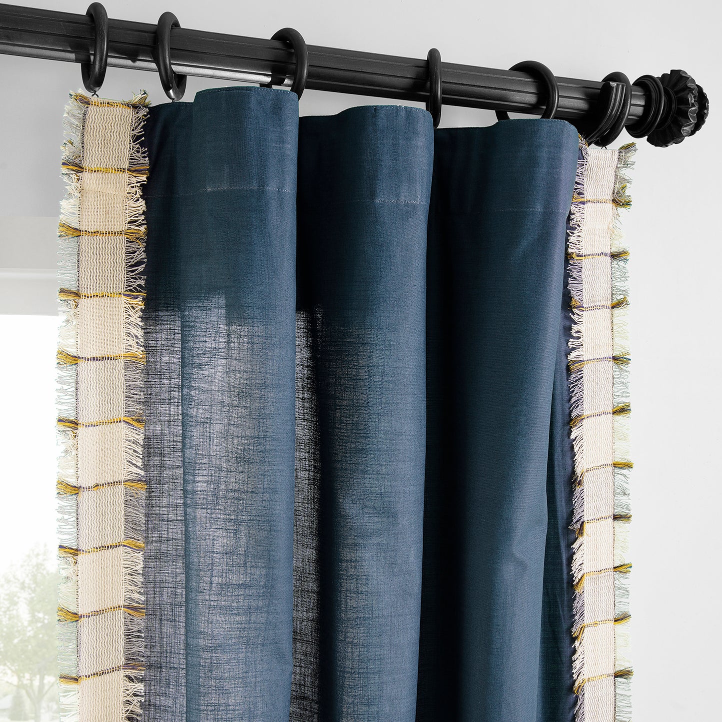 Dixy Blue Bordered Modern Hampton Textured Cotton Light Filtering Curtain