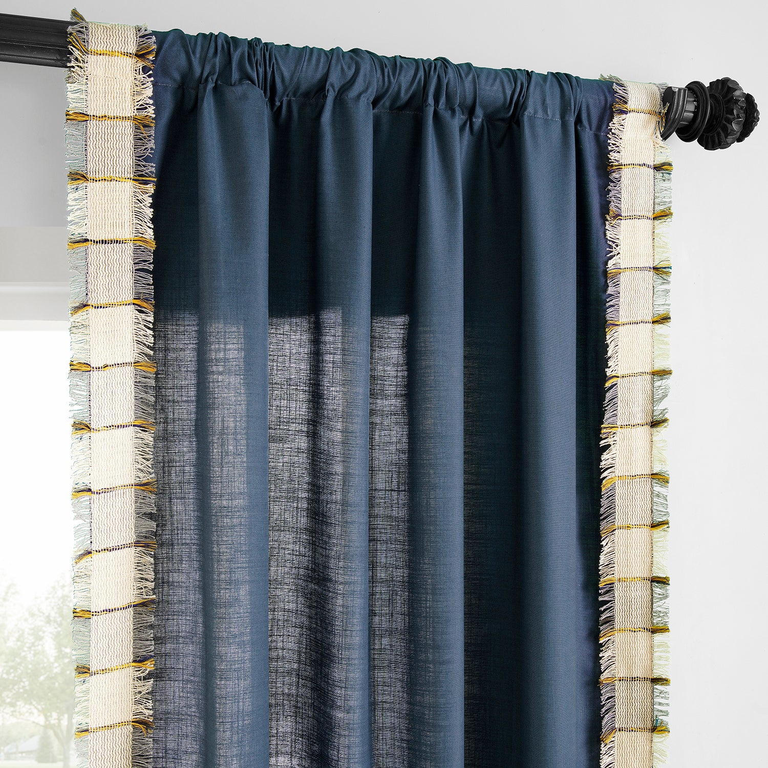Dixy Blue Bordered Modern Hampton Textured Cotton Light Filtering Curtain