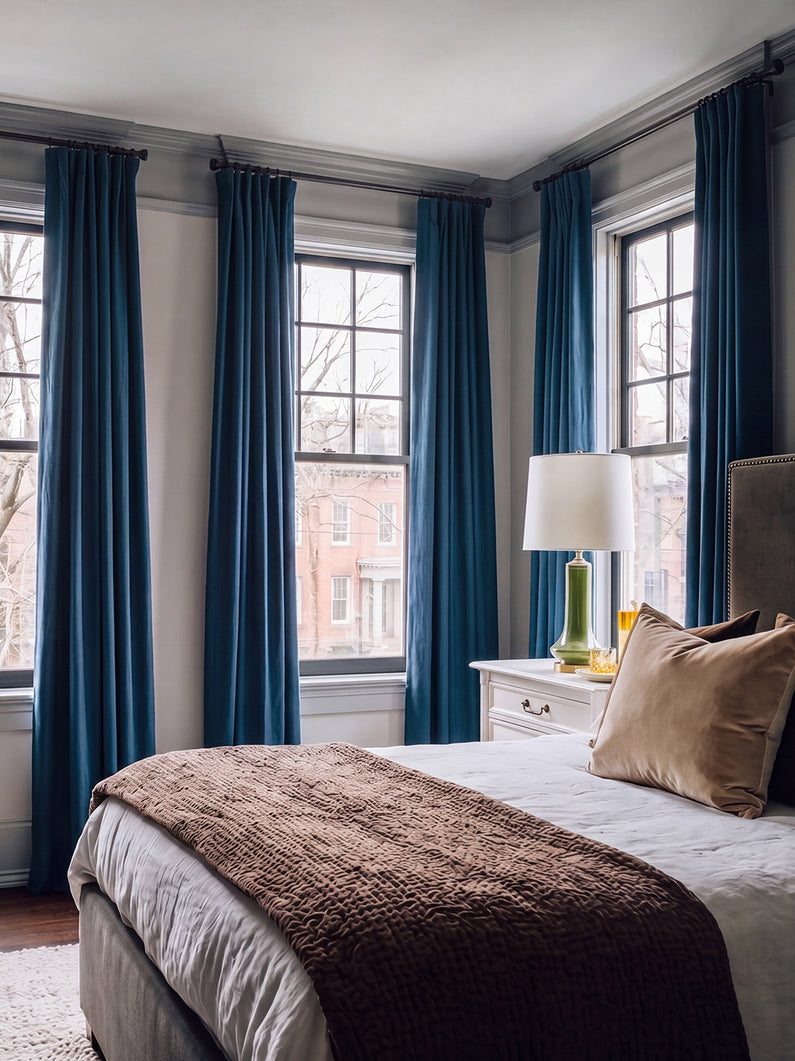 Dark Blue Cotton: Dark blue cotton curtains frame tall windows in an elegant bedroom with neutral bedding and classic architectural details.