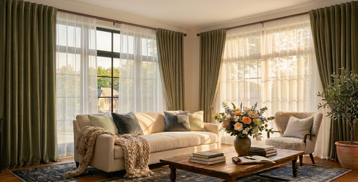 Denver Taupe curtains framing large living room windows with sheer curtains, a cream sofa, and warm natural light.