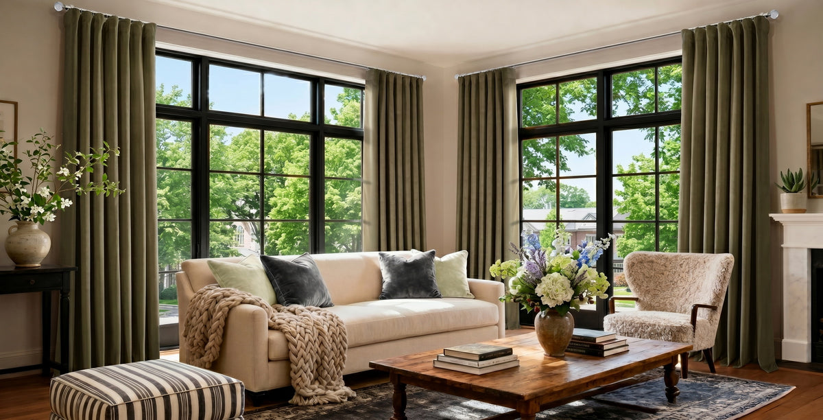 Modern living room with blackout curtains providing privacy, comfort and light control.