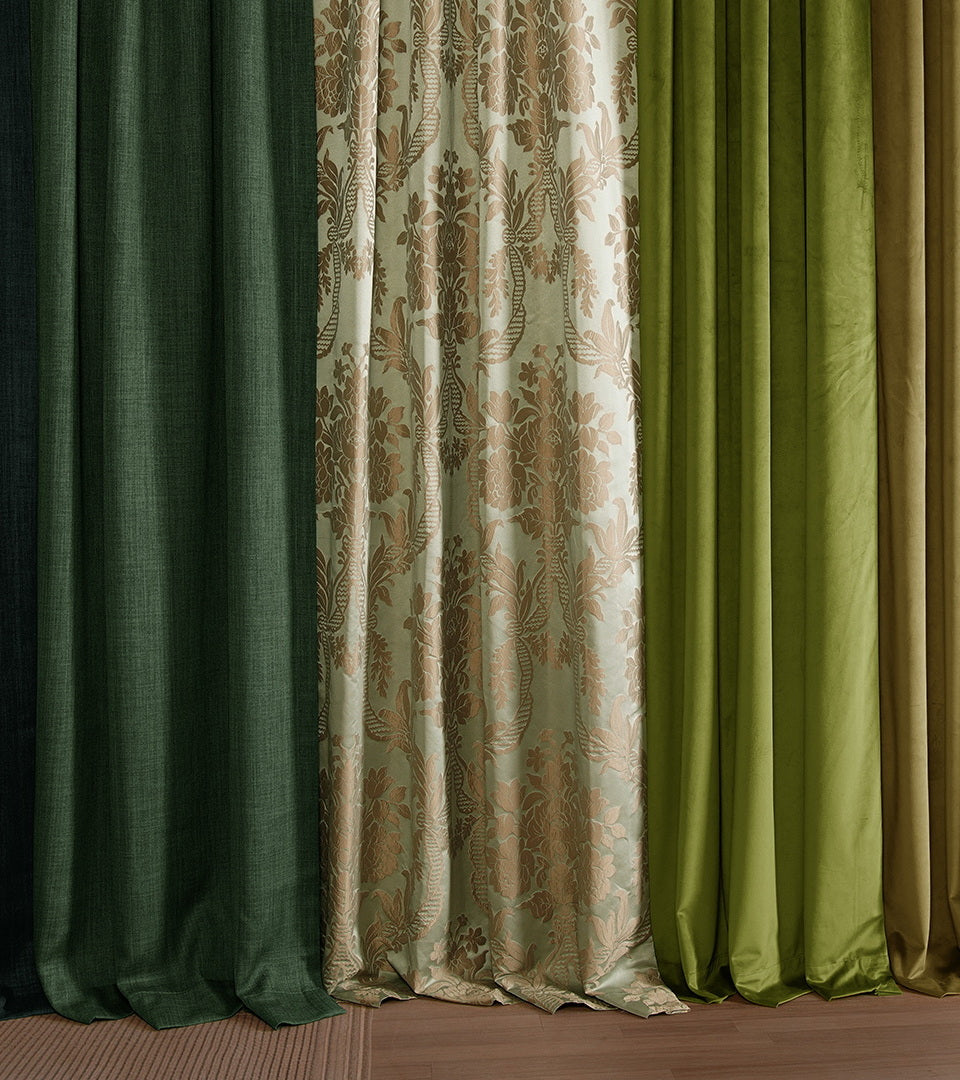 Collection of custom curtain fabrics in earthy green tones, featuring textured solids, botanical patterns, and velvet drapery panels inspired by natural landscapes.